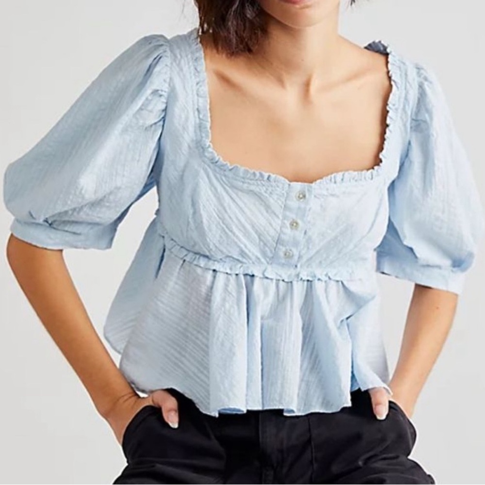 Free People Sky Blue Puff Sleeve Blouse -S/M